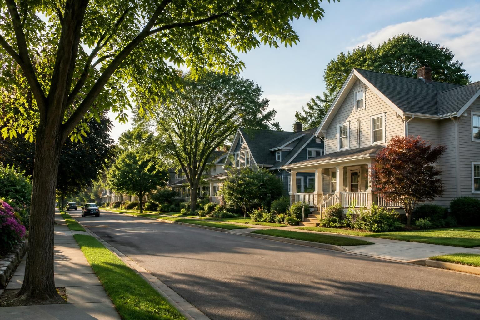 Quiet suburban street with mature trees and tidy homes.