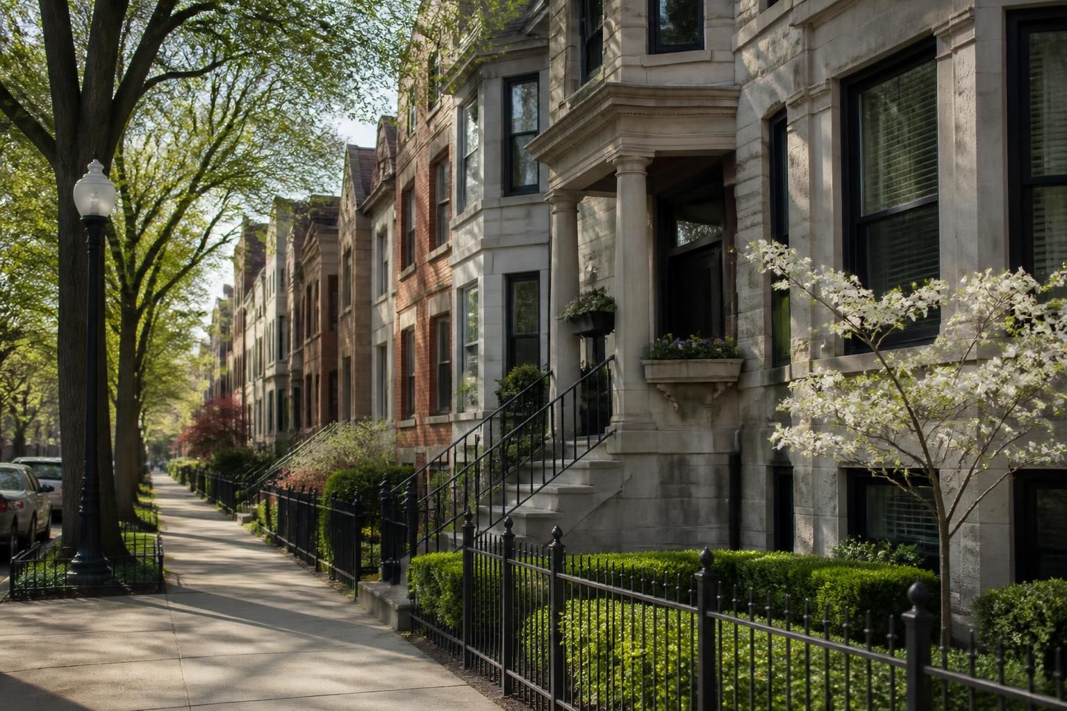 Chicago neighborhood street with classic residential architecture.