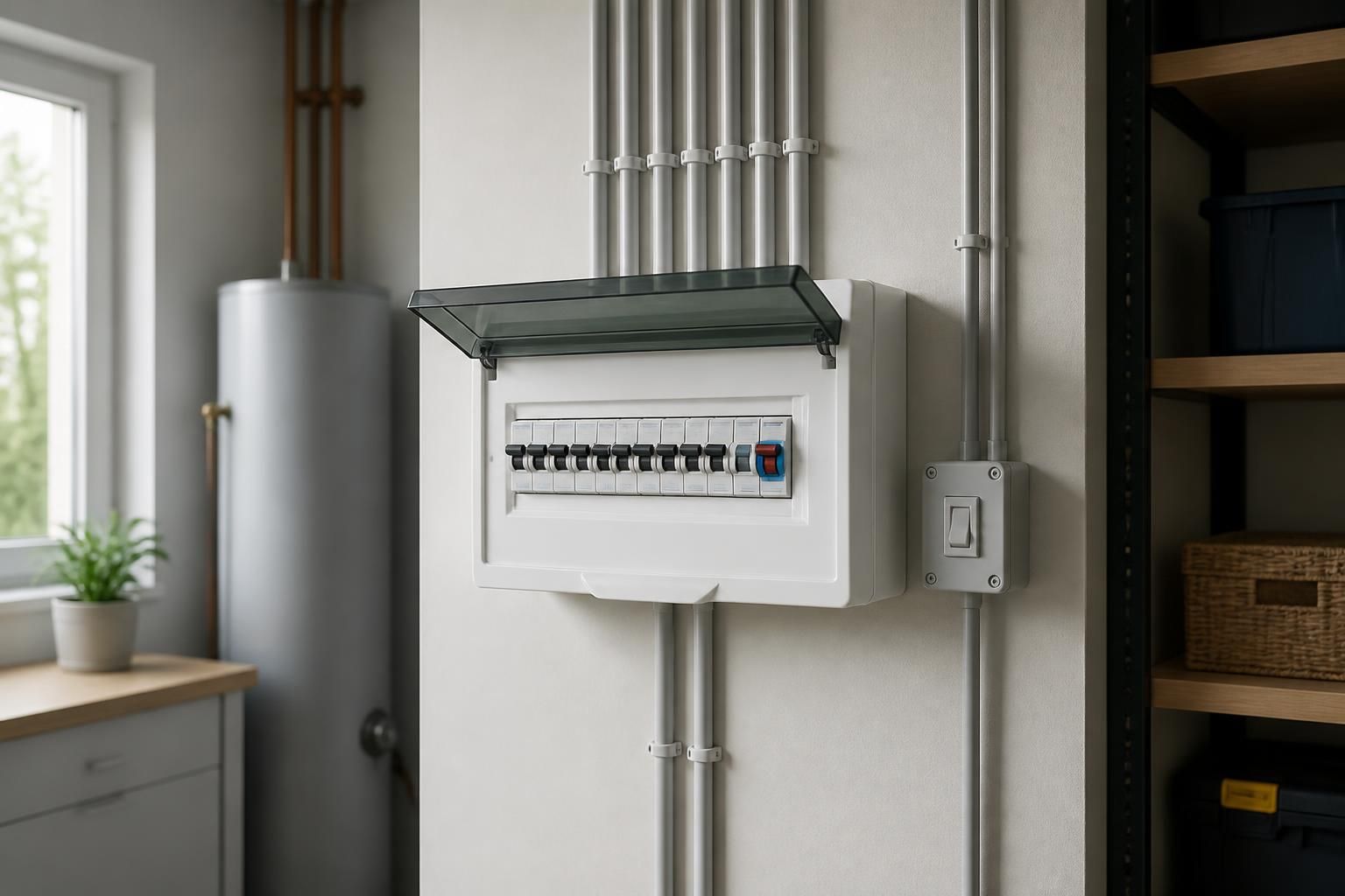 Code-compliant electrical installation in a clean utility room.