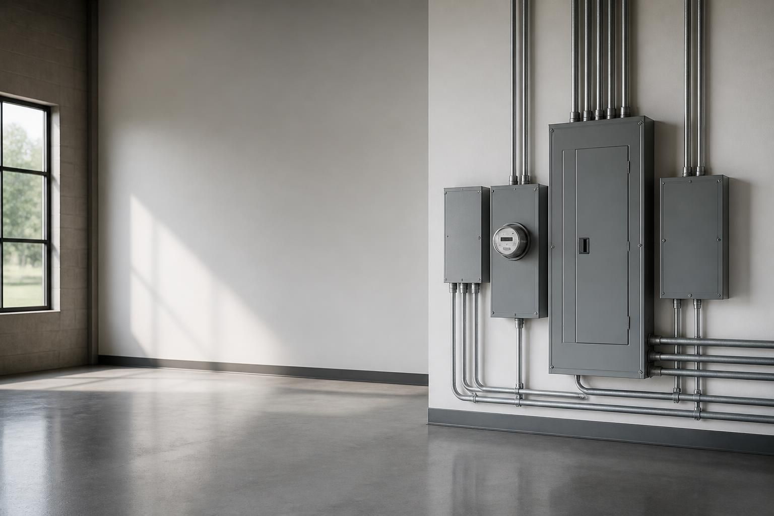 Clean modern electrical service space with open room for website text.