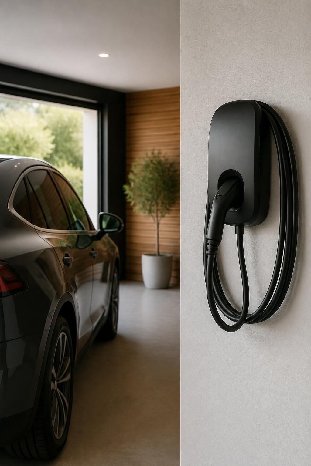 Finished garage space with a sleek wall-mounted EV charger installed.