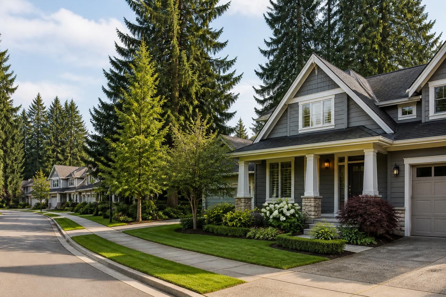 Suburban homes framed by mature evergreens and clean curb appeal.