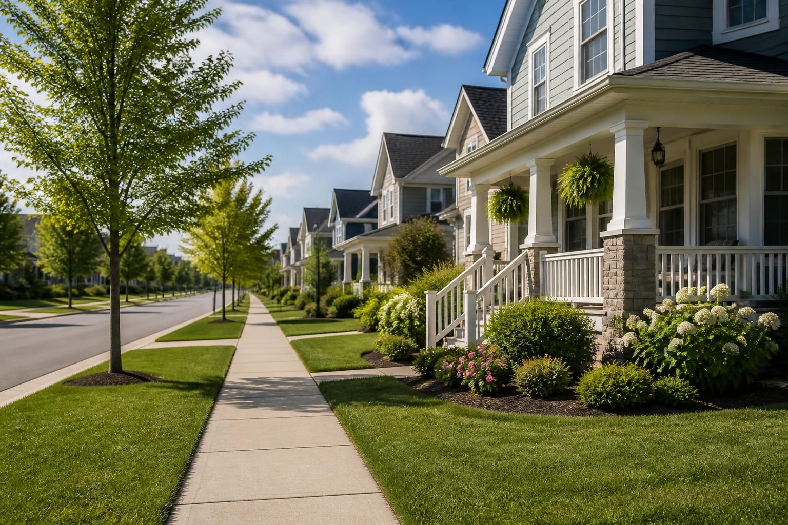 Attractive homes and clean sidewalks in a small-town neighborhood.