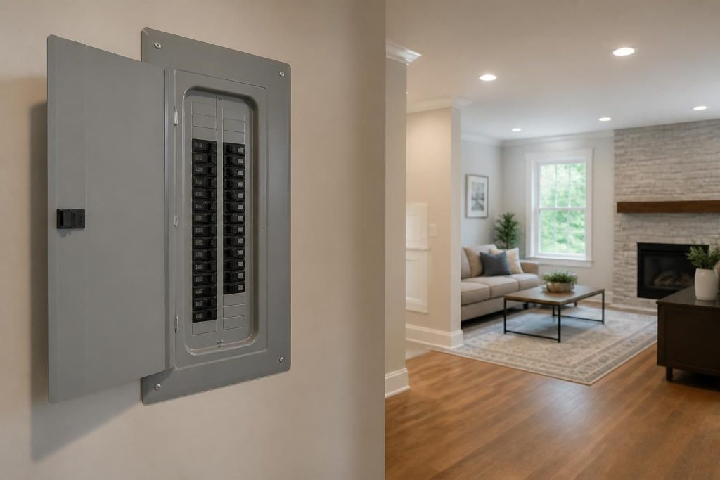 Modern home electrical panel upgrade with warm recessed lighting in a finished interior.