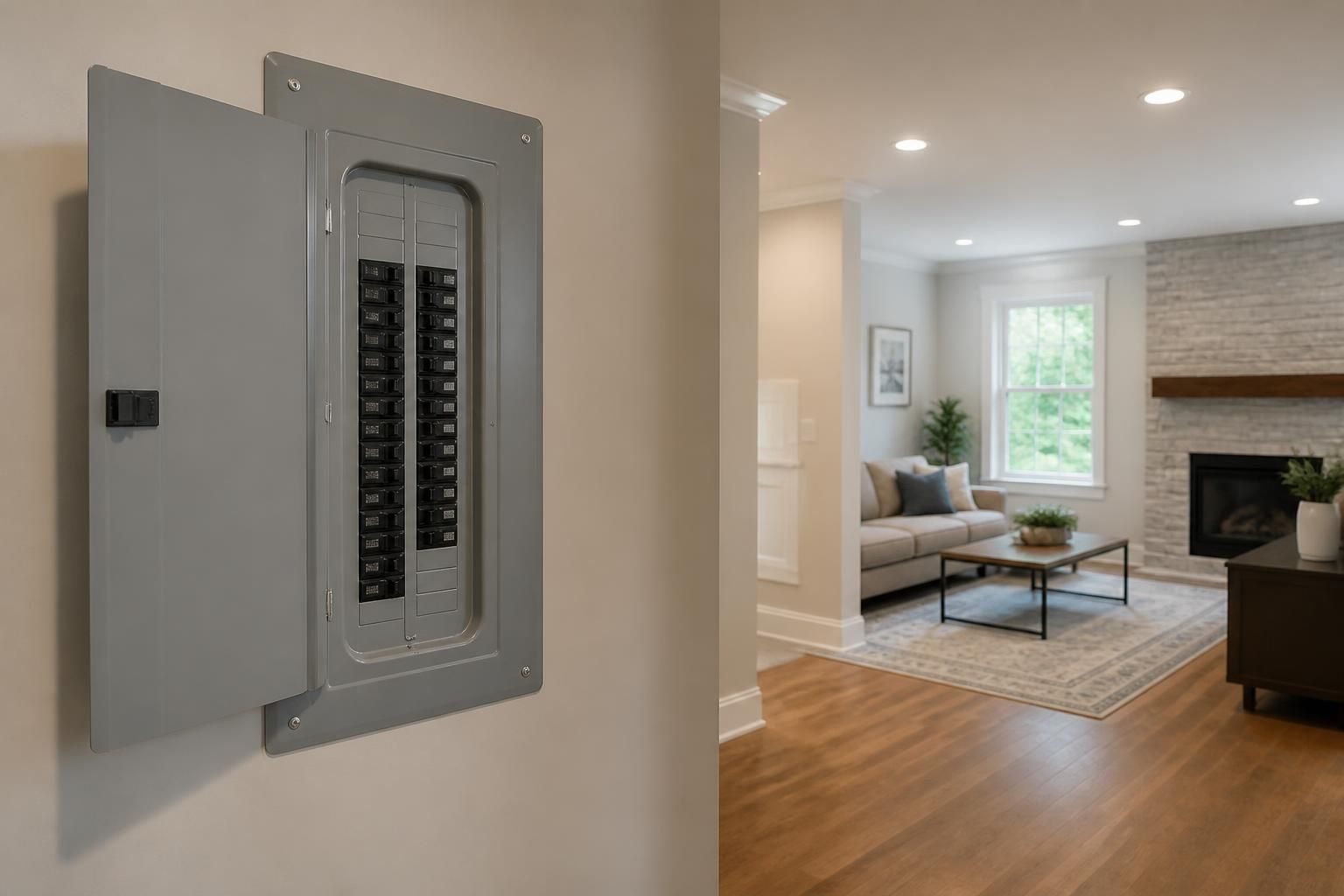 Modern home electrical panel upgrade with warm recessed lighting in a finished interior.