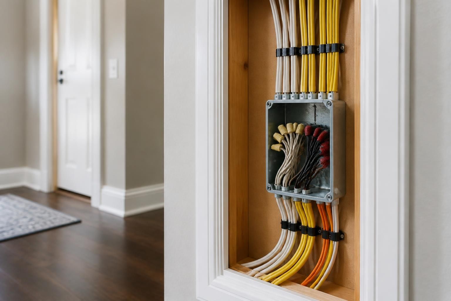Neatly routed home rewiring in a finished electrical access area.