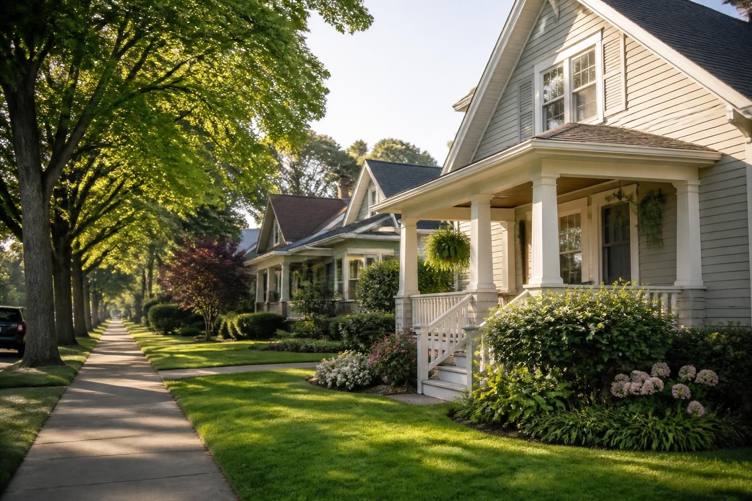 Tree-lined neighborhood street with charming homes.