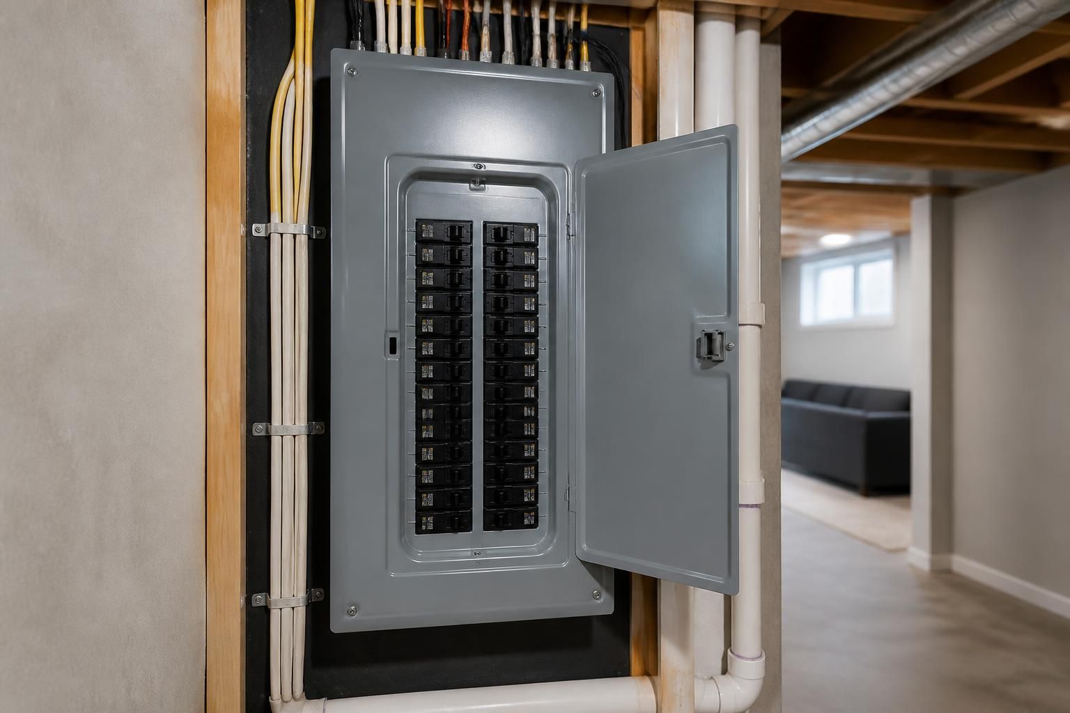 Inspected electrical panel in a clean finished basement utility area.