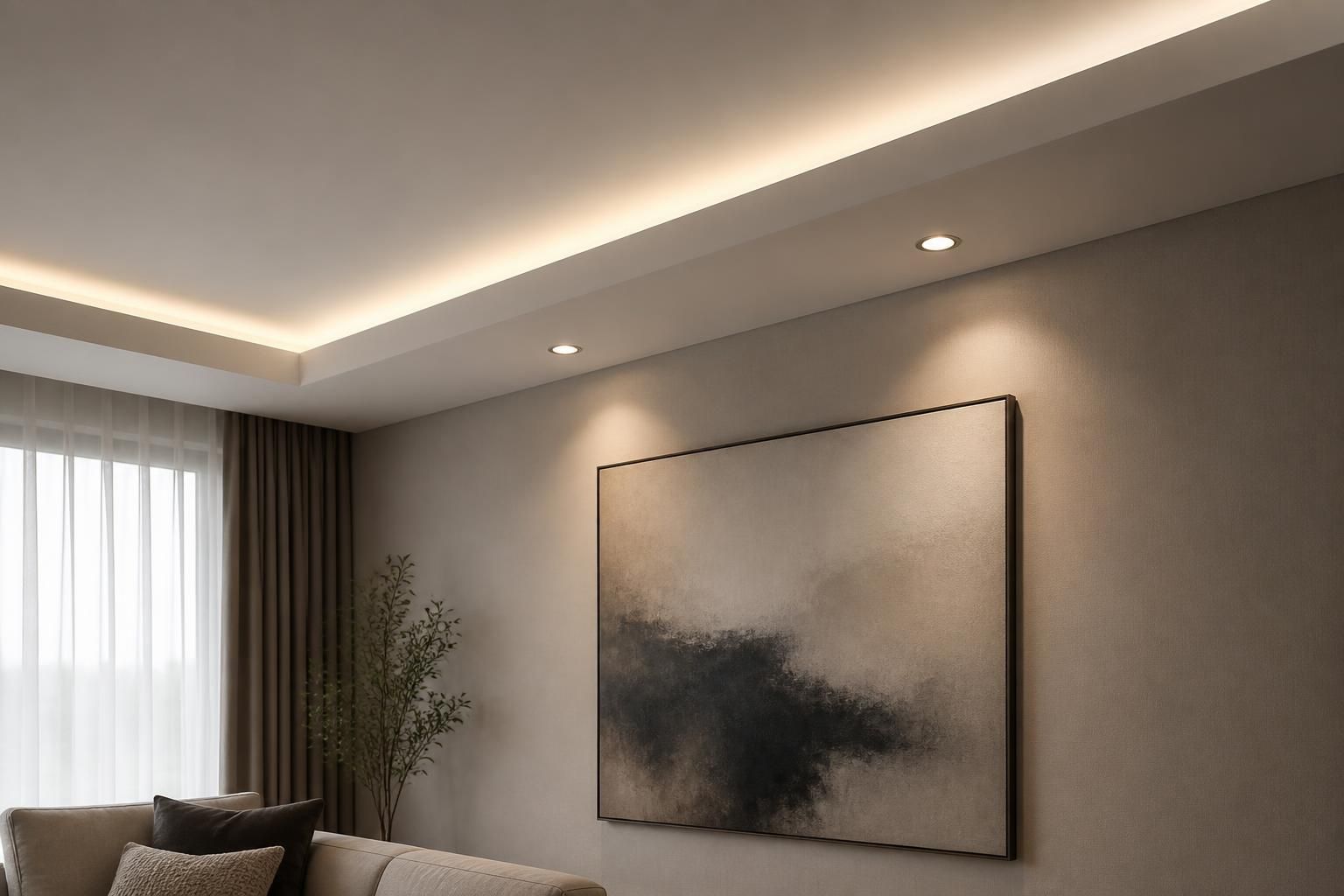 Finished recessed lighting in a modern living room interior.