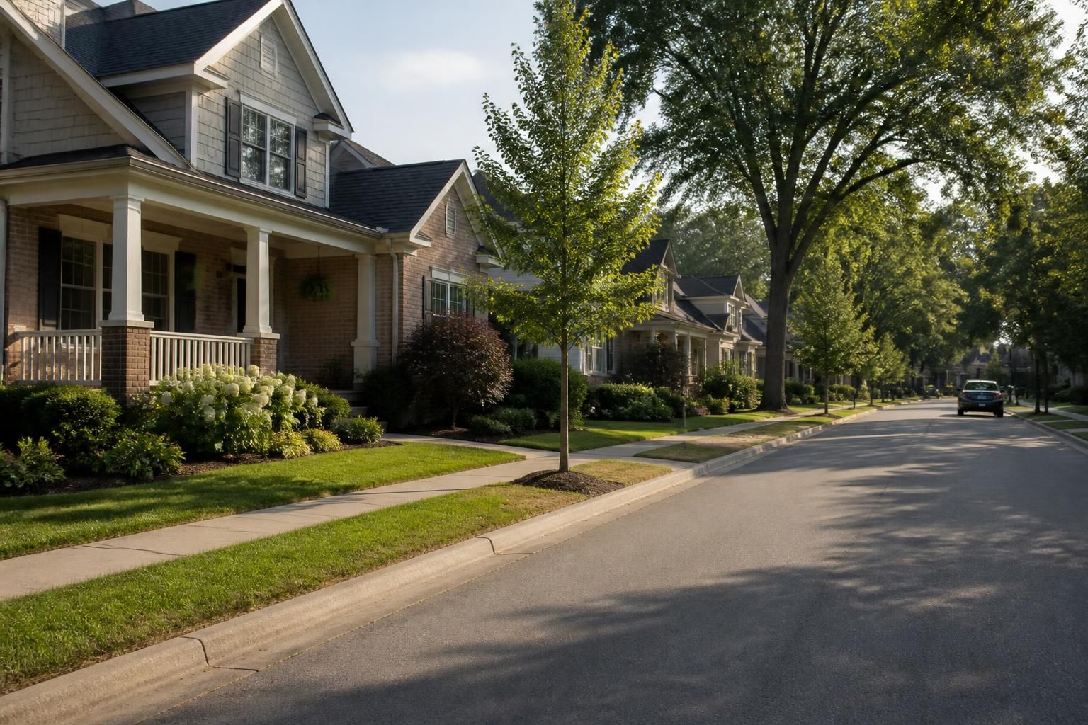 Neat homes and mature landscaping along a calm roadway.