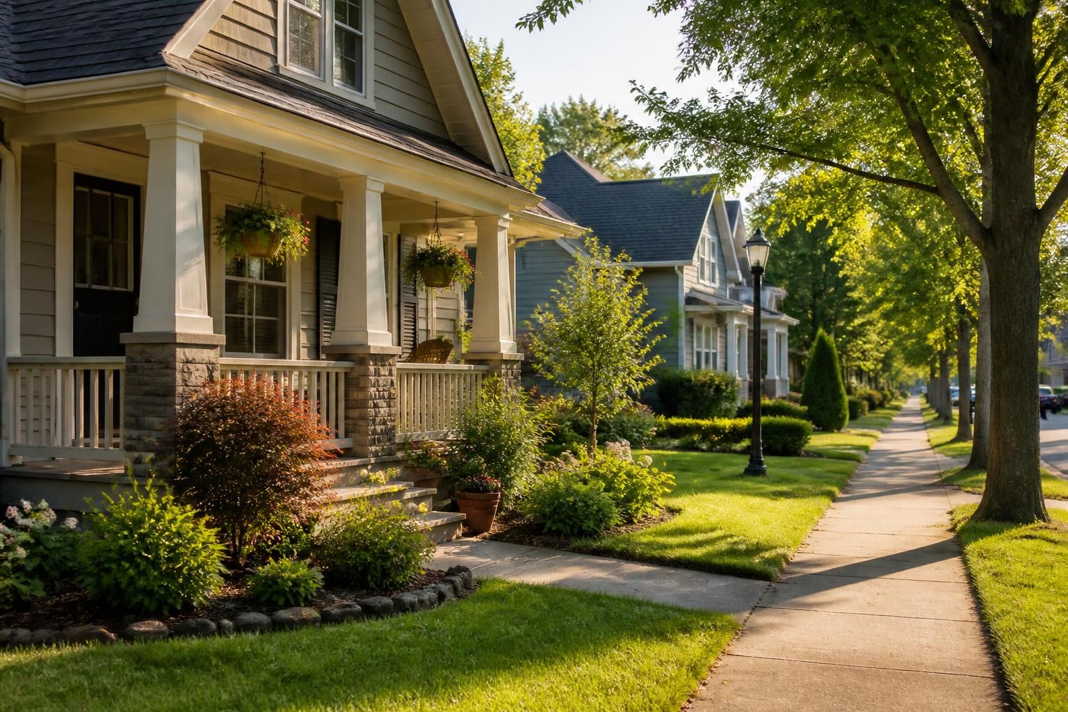 Well-kept residential homes along a calm neighborhood street.