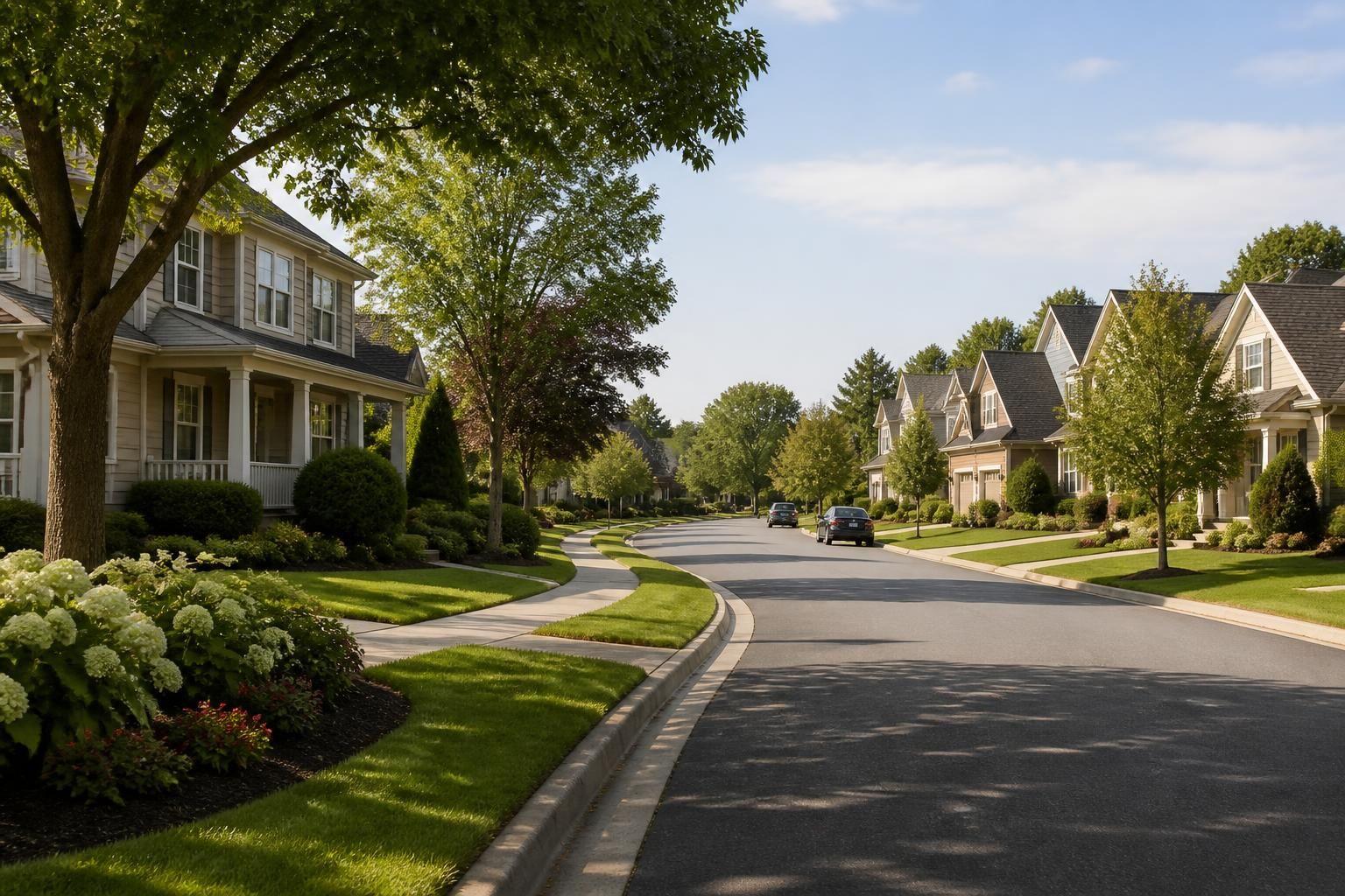 Well-maintained homes along a broad suburban street.