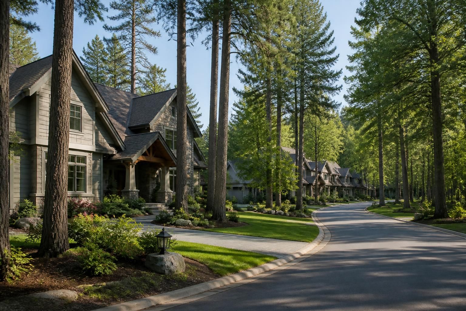 Wooded suburban homes on a peaceful tree-lined street.