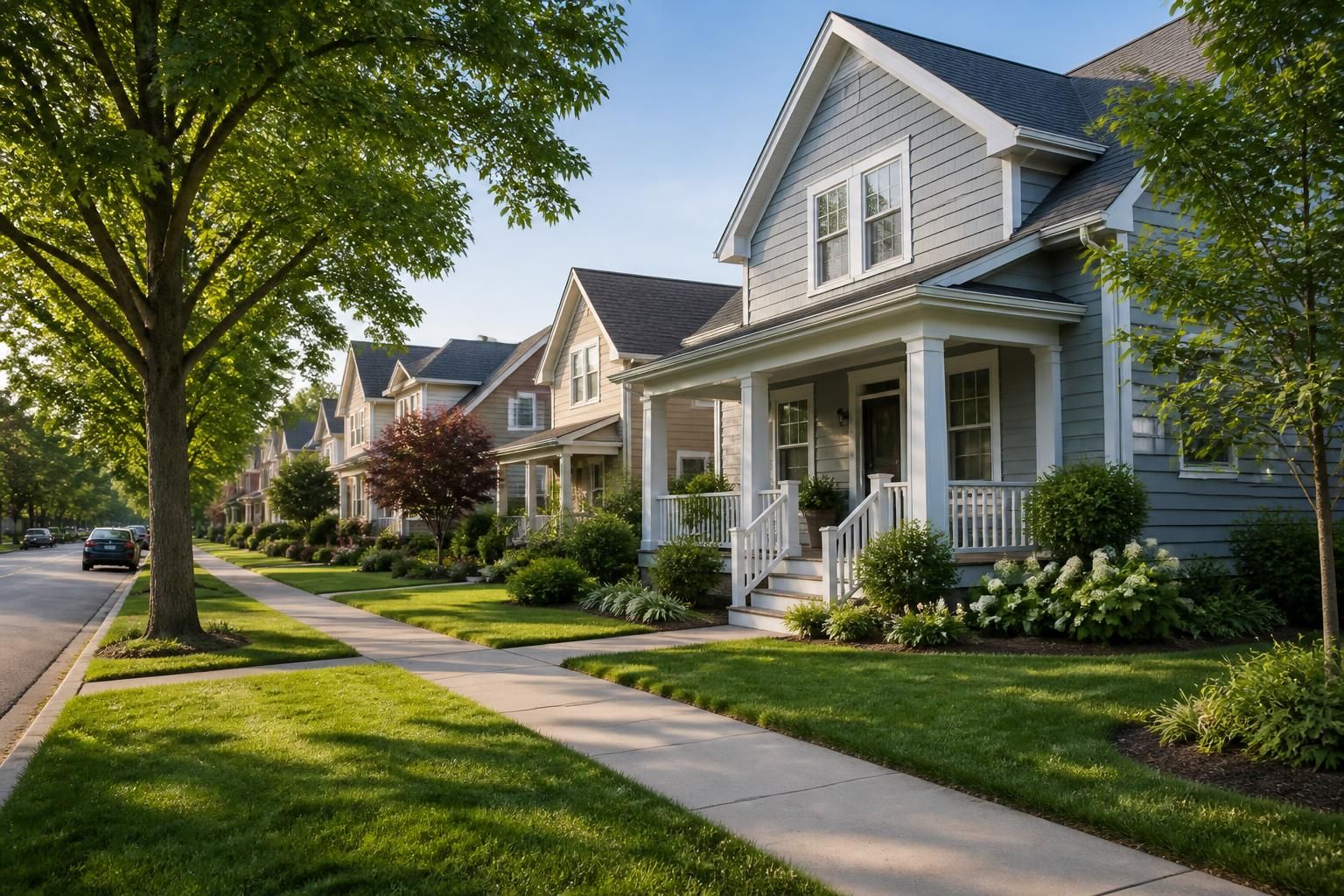Tidy homes and green lawns in a calm neighborhood setting.