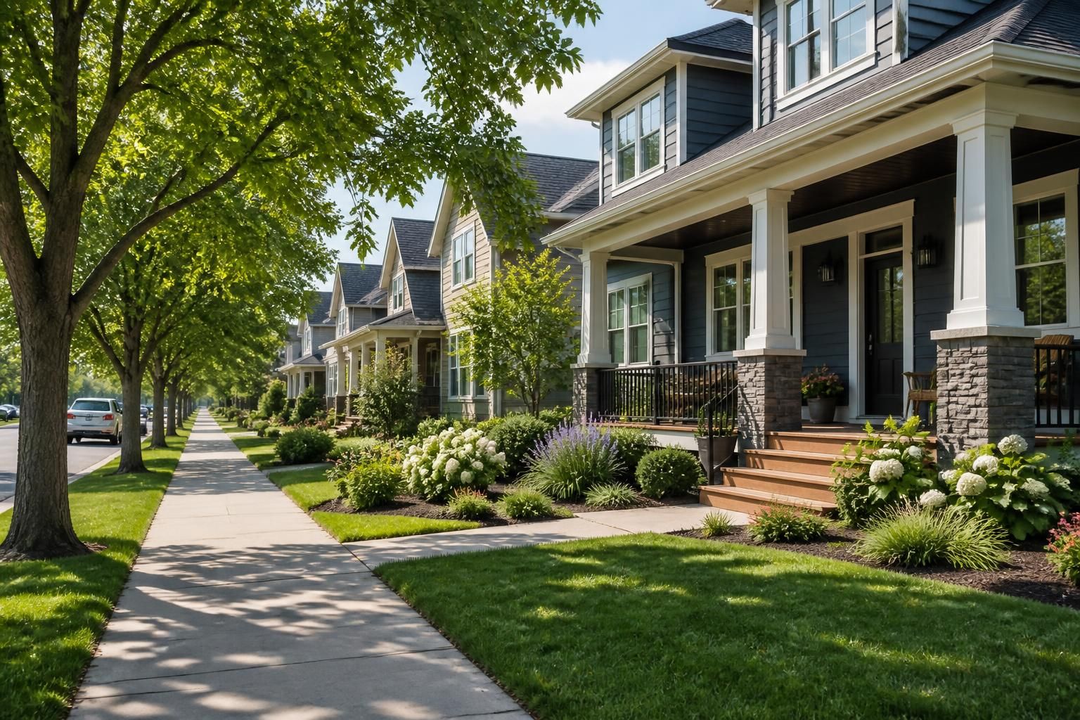 Leafy suburban street with modern homes and a clean streetscape.